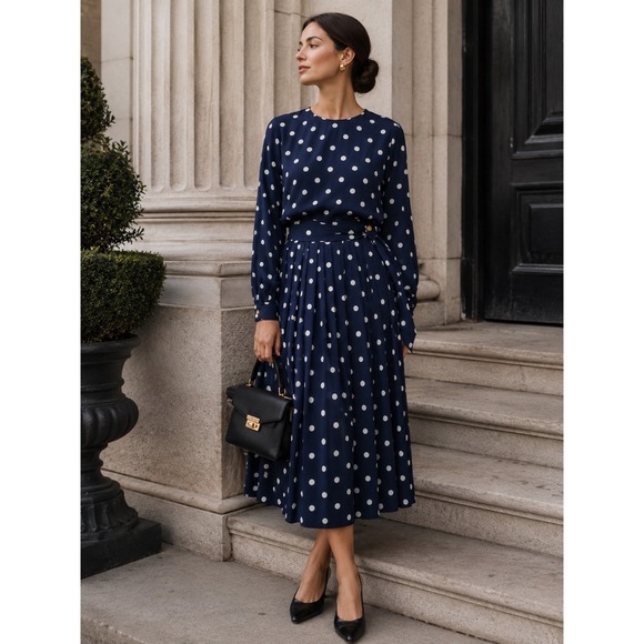 Chaus Dresses & Skirts - Vintage Chaus Navy Blue Polka Dot Skirt Set 2 Piece Blouse Midi Skirt Women 16